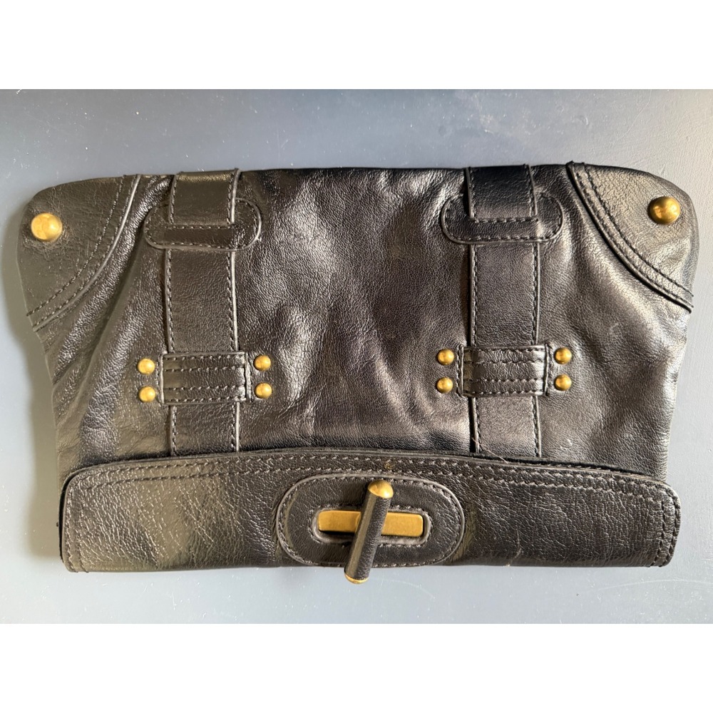 Hype Black Leather Studded Clutch Bag Brass Hardware Turnlock Toggle Closure